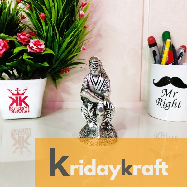 Metal Shirdi Sai Baba Statue Idol Showpiece for Car Dashboard & Home,Office,Table Decorative Gift for Have House Warming, Birthday... Decorative Showpiece - 11.5 cm  (Aluminium, Silver)