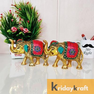  Metal Elephant Small Size with Stone Work 2 pcs Set for Showpiece Enhance Your Home,Office & Table and Gift for Have House Warming Anniversaries, Birthday... Brand: KridayKraft