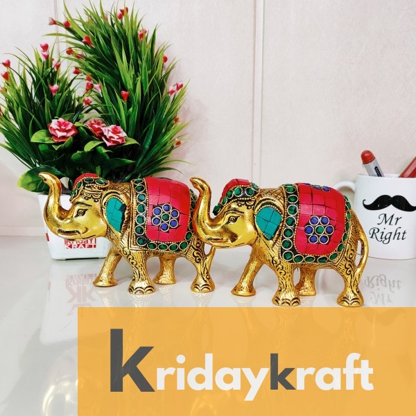  Metal Elephant Small Size with Stone Work 2 pcs Set for Showpiece Enhance Your Home,Office & Table and Gift for Have House Warming Anniversaries, Birthday... Brand: KridayKraft