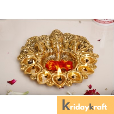Rci Handicrafts Metal Ganesha Pooja Thali with Diya Ganpati Pooja Thali for Puja Room Mandir Temple Ganesha Murti Idol Pooja Thali for Diwali Poojan Decorative Showpiece