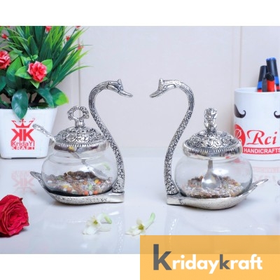 Rci Handicrafts Metal Kissing Swan (Duck) Glass Bowl with Spoon for Saunf Supari Tray, Dry Fruit and Candy,Mukhwas Traditional Serving Bowl Set,Pack of 2 Pieces,Animal Showpiece Figurine & Gifting idol...
