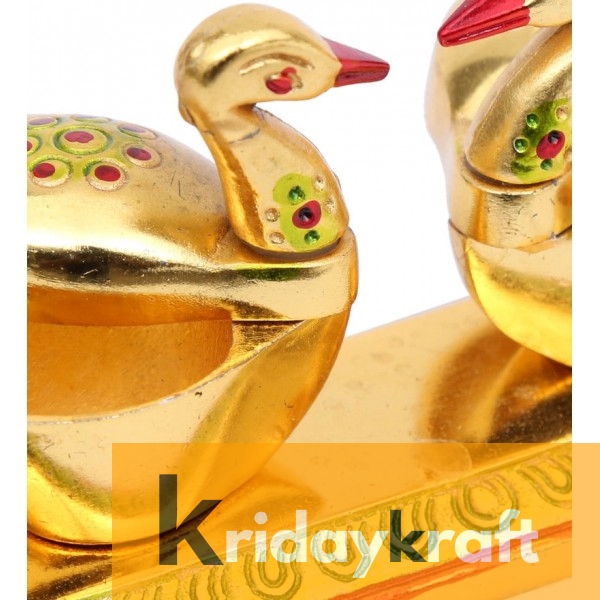 Roli-Chandan, Chawal-Akshat-Haldi, Kumkum Box with Loving Bird Duck Pair Chopda meenakari
