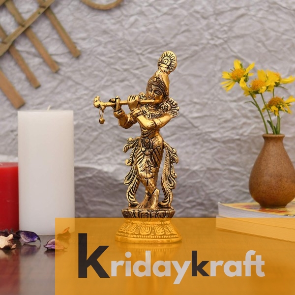 Lord Krishna Idol Statue Krishna Idols Gold Plated Flute Playing Krishan Decorative Showpiece Figurine for Pooja Room & Gift