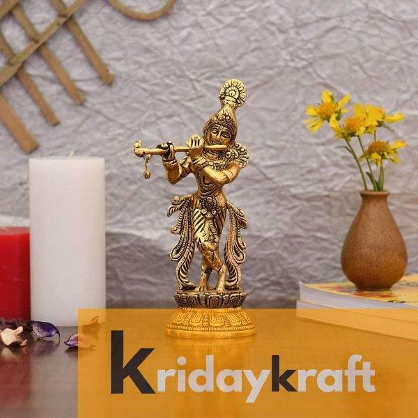 Lord Krishna Idol Statue Krishna Idols Gold Plated Flute Playing Krishan Decorative Showpiece Figurine for Pooja Room & Gift