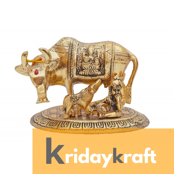 Kamdhenu Cow with calf and Krishna gold oxidized Finish Medium Size