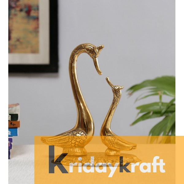 Swan Pair showpiece handicrafts Pair of Kissing Duck swan Pair feng Shui | Love Birds Saras Pair metal base large size Gold Polish for Home Decor and Gift Purpose