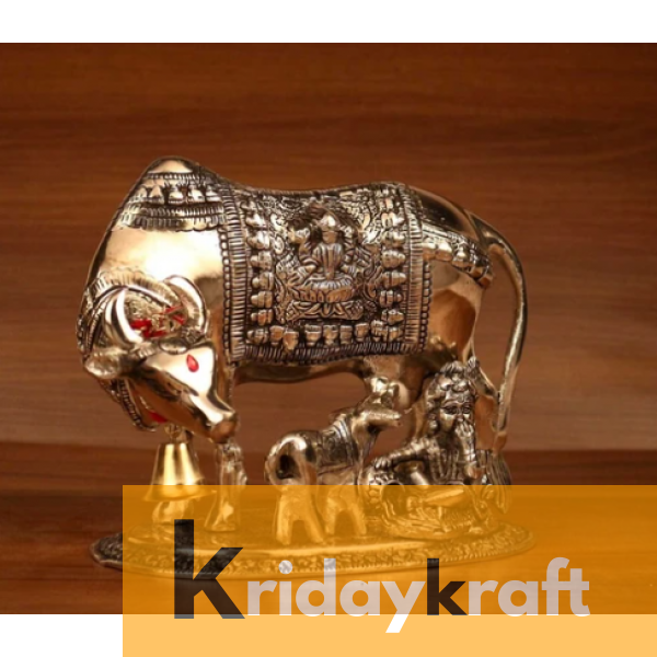 Kamdhenu Cow n Calf with Krishna Xl Silver Plated Statue for Good Luck 