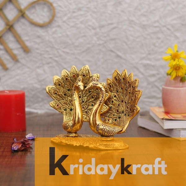 Metal Animal Figurine Peacock Pair Decorative Statue for Table Decor Golden