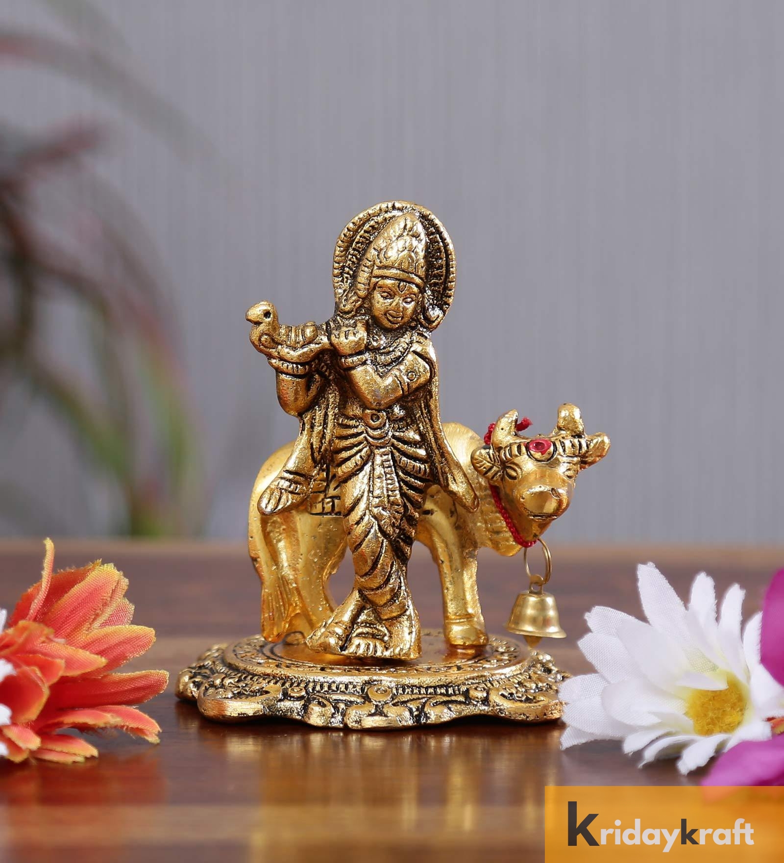 Gold Metal Krishna Idol Murti Kamdhenu Cow Showpiece Decoration 