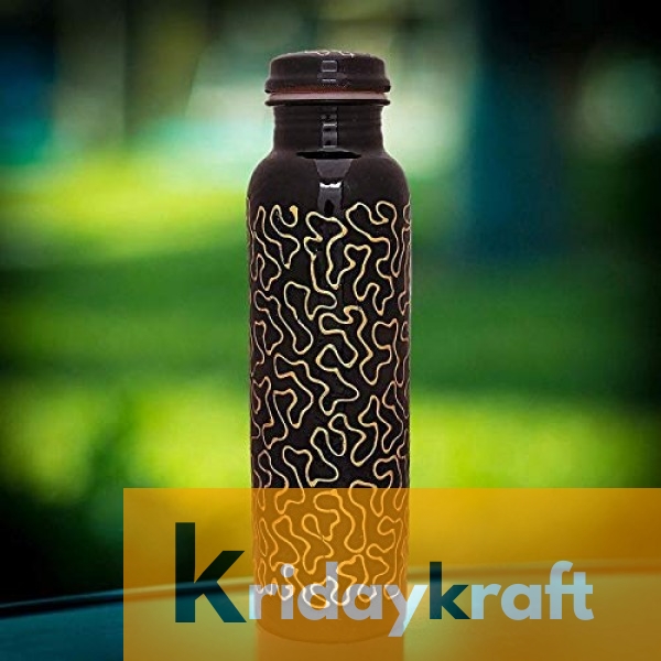 Copper Bottle for Water 1 Litre black base printed, Dirt Proof, Leak Proof and Joint Less, Ayurveda and Yoga Health Benefits Water Bottle