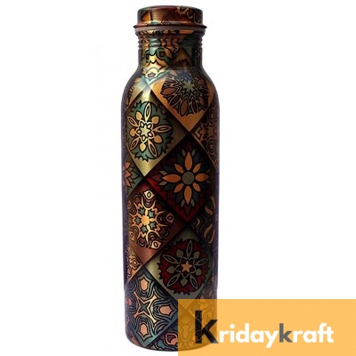 Copper Bottle for Water 1 Litre squre block printed, Dirt Proof, Leak Proof and Joint Less, Ayurveda and Yoga Health Benefits Water Bottle