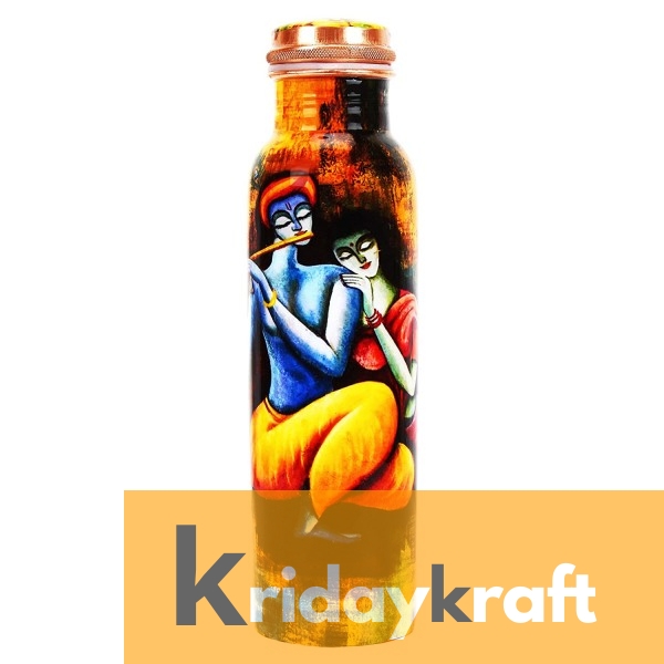 Copper Bottle for Water 1 Litre Radha krishna printed, Dirt Proof, Leak Proof and Joint Less, Ayurveda and Yoga Health Benefits Water Bottle