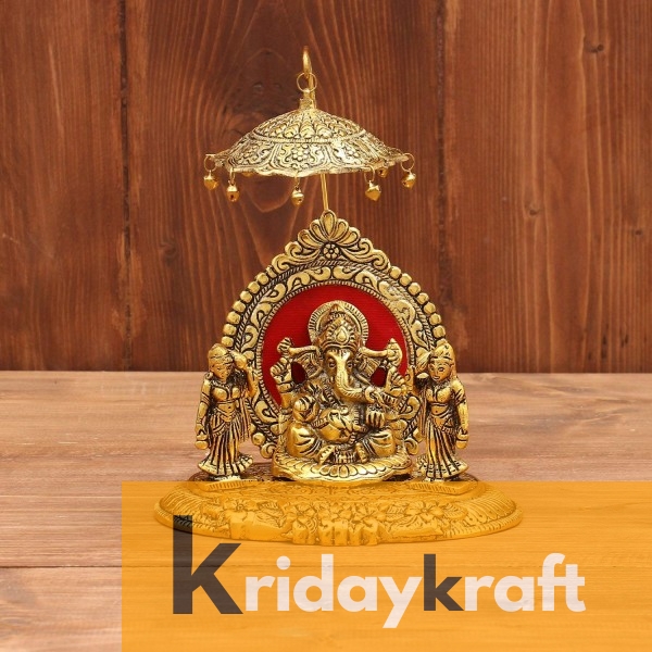Lord Ganesh Under Umbrella with Goddess Ridhi and Sidhi Showpiece Gold Plated 