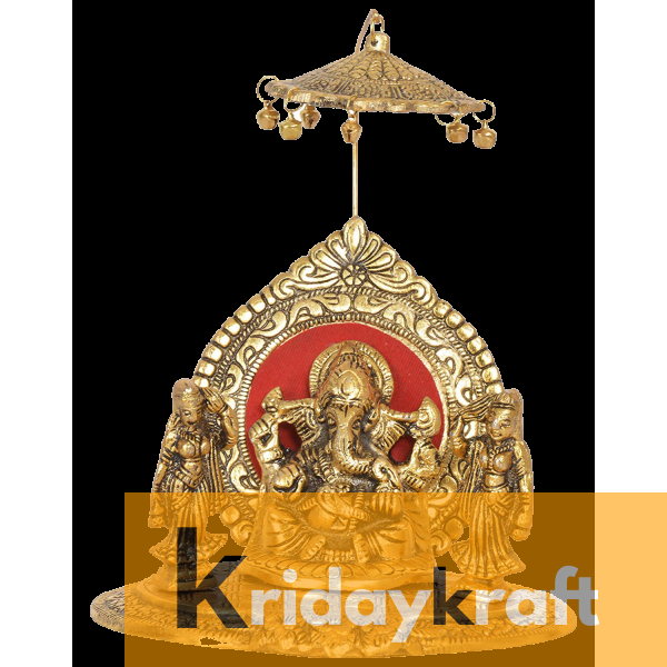 Lord Ganesh Under Umbrella with Goddess Ridhi and Sidhi Showpiece Gold Plated 