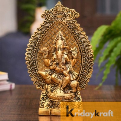 Ganesha showpiece Seated on Mouse in Metal Antique Gold Plated
