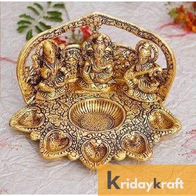 Metal laxmi Ganesh Saraswati with 5 diya plate Idol Decorative murti showpiece for Antique Gift