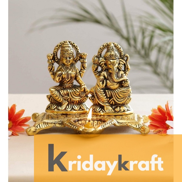 Laxmi Ganesh Idol Showpiece Oil Lamp Diya Deepak Gold Plated