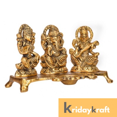 Metal laxmi Ganesh Saraswati Idol Decorative murti showpiece oil lamp diya squre base gold plated 