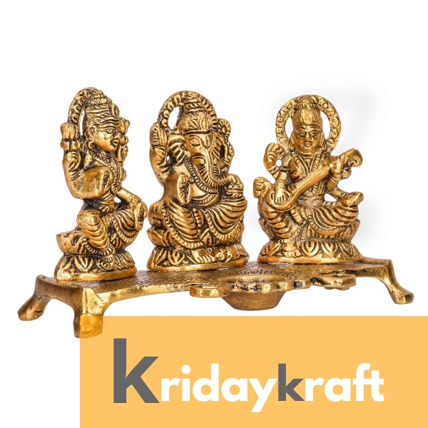 Metal laxmi Ganesh Saraswati Idol Decorative murti showpiece oil lamp diya squre base gold plated 