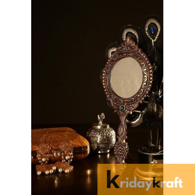 Hand Mirror Vintage Style Round Vanity Make Up Hand Held Large Mirror in Gold Polished
