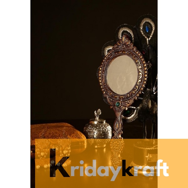 Hand Mirror Vintage Style Round Vanity Make Up Hand Held Large Mirror in Gold Polished
