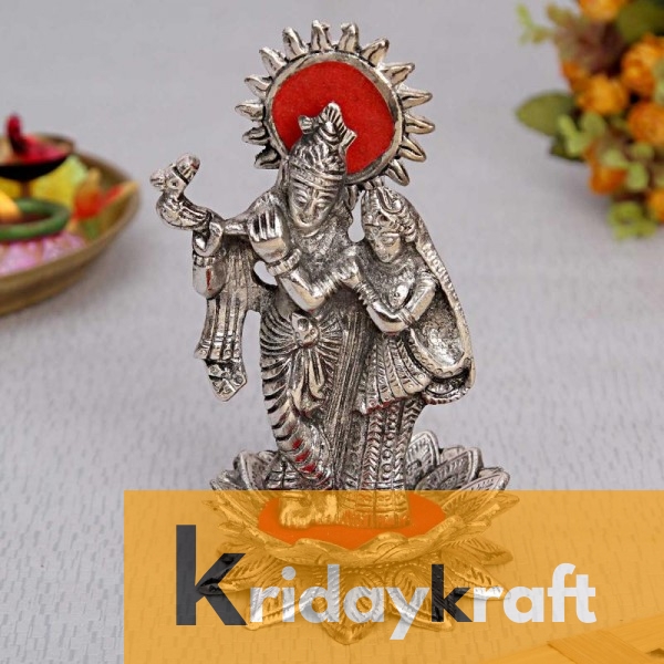 Radha Krishna Standing on Lotus Flower with playing Flute Silver plated for Home Decor Showpiece Gifts Idols