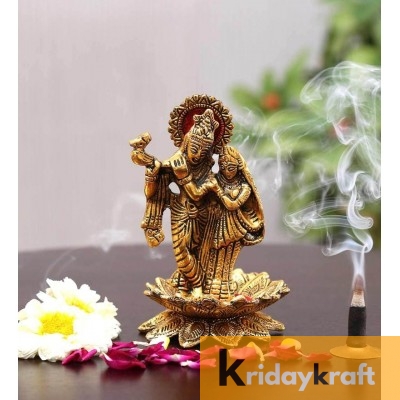 Radha Krishna Standing on Lotus Flower with playing Flute gold plated for Home Decor Showpiece Gifts Idols