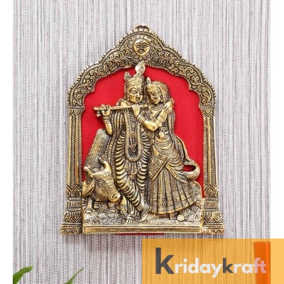 Radha Krishna playing flute with cow frem gold plated for Wall Hanging and decor Showpiece Gifts Idols