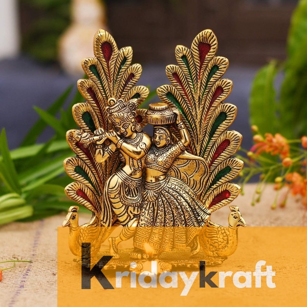 Radha Krishna Dancing Peacock with Flute gold plated for Home Decor Showpiece Gifts Idols