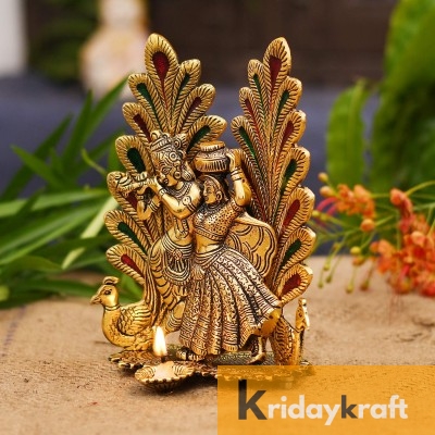 Radha Krishna Dancing Peacock with Flute gold plated for Home Decor Showpiece Gifts Idols