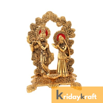 Radha Krishna Standing on metal frem chocki playing flute gold plated for Home Decor Showpiece Gifts Idols