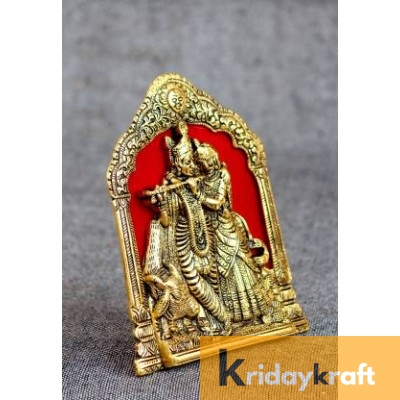 Radha Krishna playing flute with cow frem gold plated for Wall Hanging and decor Showpiece Gifts Idols