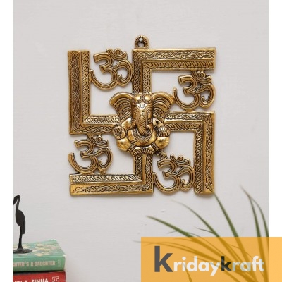 Wall Hanging Om Swastik Ganesh Gold Plated metal Sculpture Lord Ganesh Idol Ganpati Wall Decor Arts