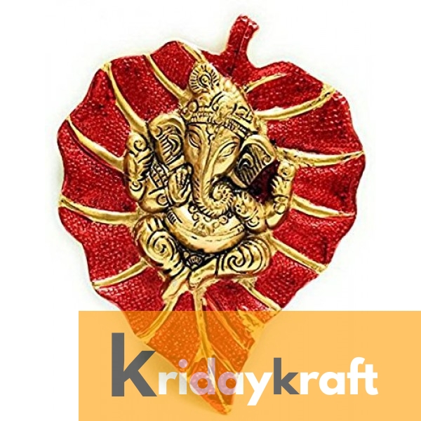 Wall Hanging Leaf Ganesh Gold plated Red Menakari