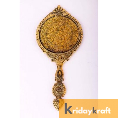 Beautifully Carved Round Shape Gold Plating Hand Mirror for Makeup, Travelling, Salon Mirror & Decorative Mirror Antique Item for Wedding Gifts.