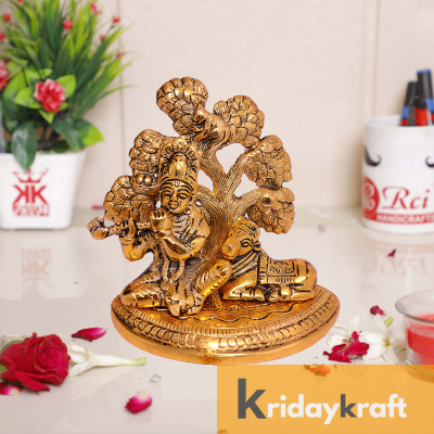 Rci Handicrafts Lord Krishna Metal Statue,Krishna Murti Playing Flute with cow for Temple Pooja,Decor Your Home,Office & Gift Your Relatives,Showpiece Figurines,Religious Idol,Gift Article