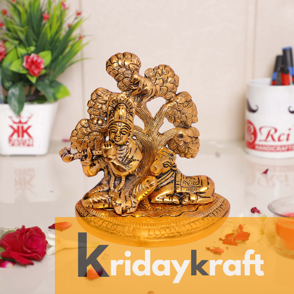 Rci Handicrafts Lord Krishna Metal Statue,Krishna Murti Playing Flute with cow for Temple Pooja,Decor Your Home,Office & Gift Your Relatives,Showpiece Figurines,Religious Idol,Gift Article