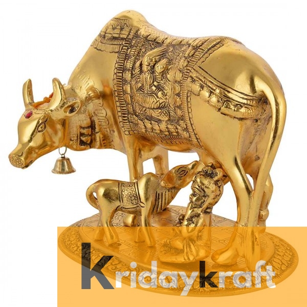 Kamdhenu Cow n Calf with krishna Xl Gold Plated Statue for Good Luck 