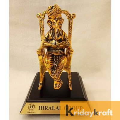 Metal Handicraft Lord Ganesha on Chair Reading Ramayan Om Shubh labh Figurine with wooden base