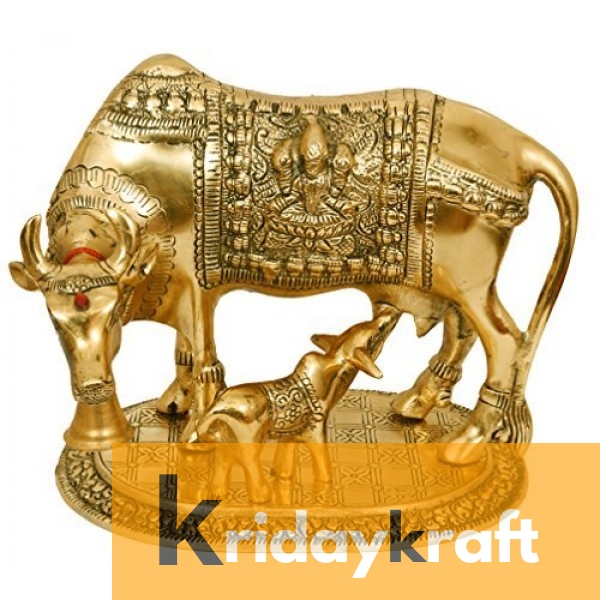 Kamdhenu Cow with Calf Xl Gold Plated Statue for Good Luck 